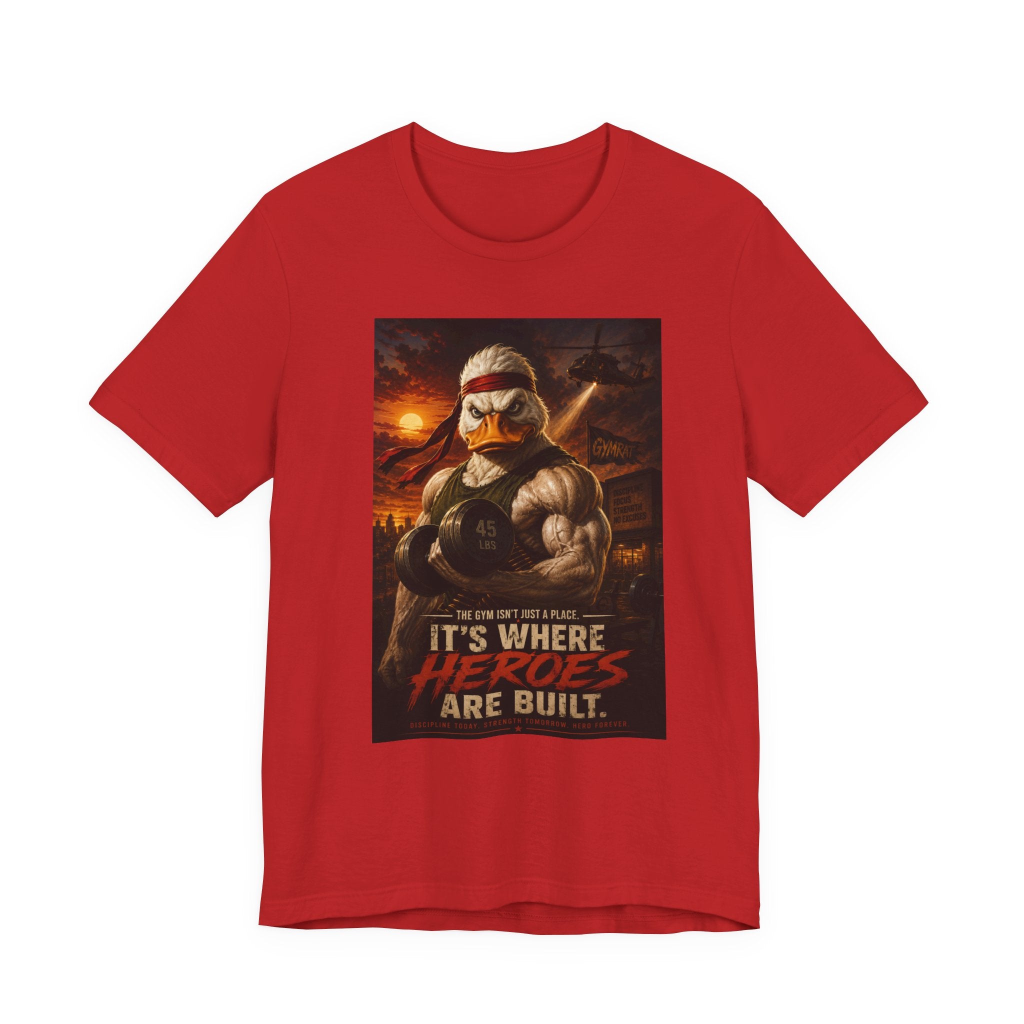 Funny Rambo Duck Gym Shirt, 80s Action Hero Fitness Tee, Muscular Duck Bodybuilding Top, Hilarious Gym Rat Gift, Pump Cover Shirt