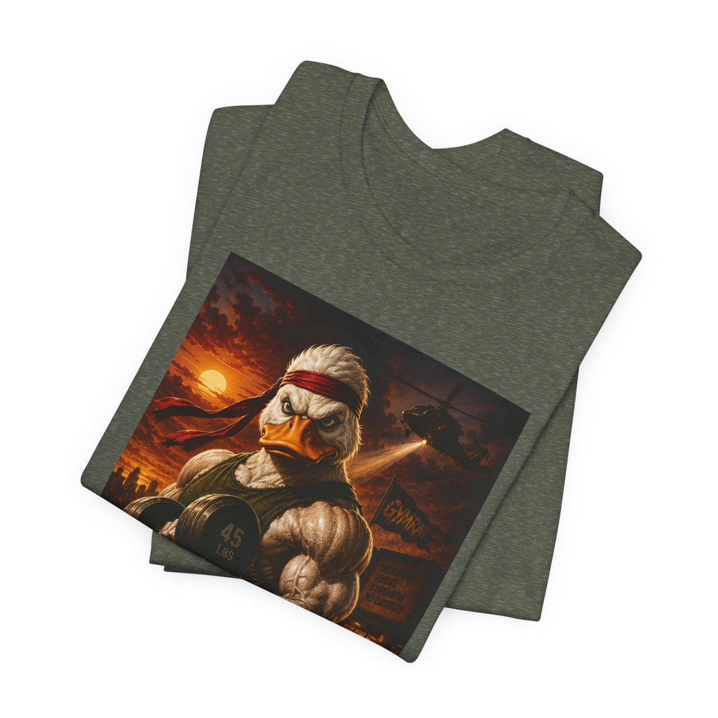 Funny Rambo Duck Gym Shirt, 80s Action Hero Fitness Tee, Muscular Duck Bodybuilding Top, Hilarious Gym Rat Gift, Pump Cover Shirt