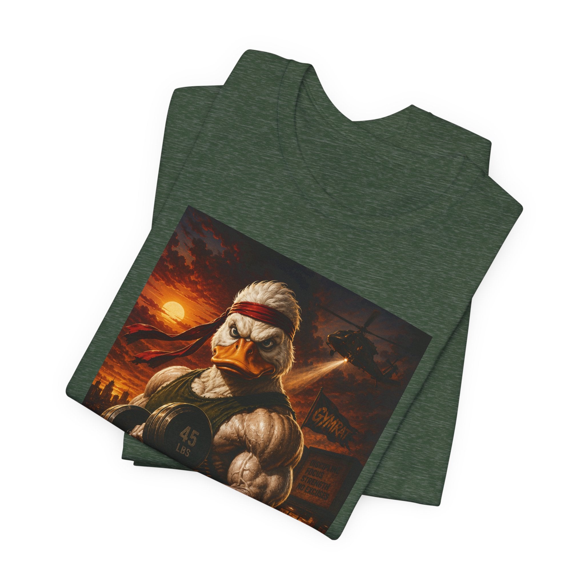 Funny Rambo Duck Gym Shirt, 80s Action Hero Fitness Tee, Muscular Duck Bodybuilding Top, Hilarious Gym Rat Gift, Pump Cover Shirt