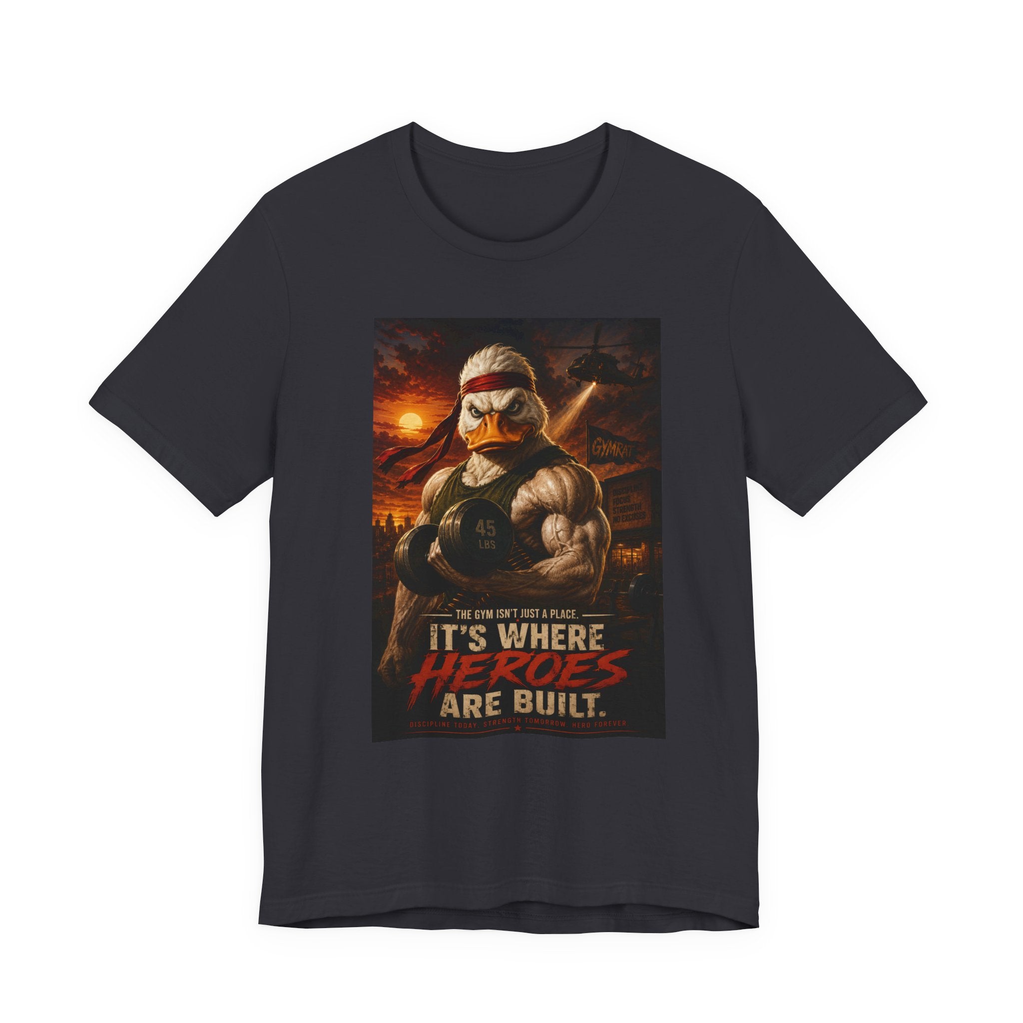 Funny Rambo Duck Gym Shirt, 80s Action Hero Fitness Tee, Muscular Duck Bodybuilding Top, Hilarious Gym Rat Gift, Pump Cover Shirt
