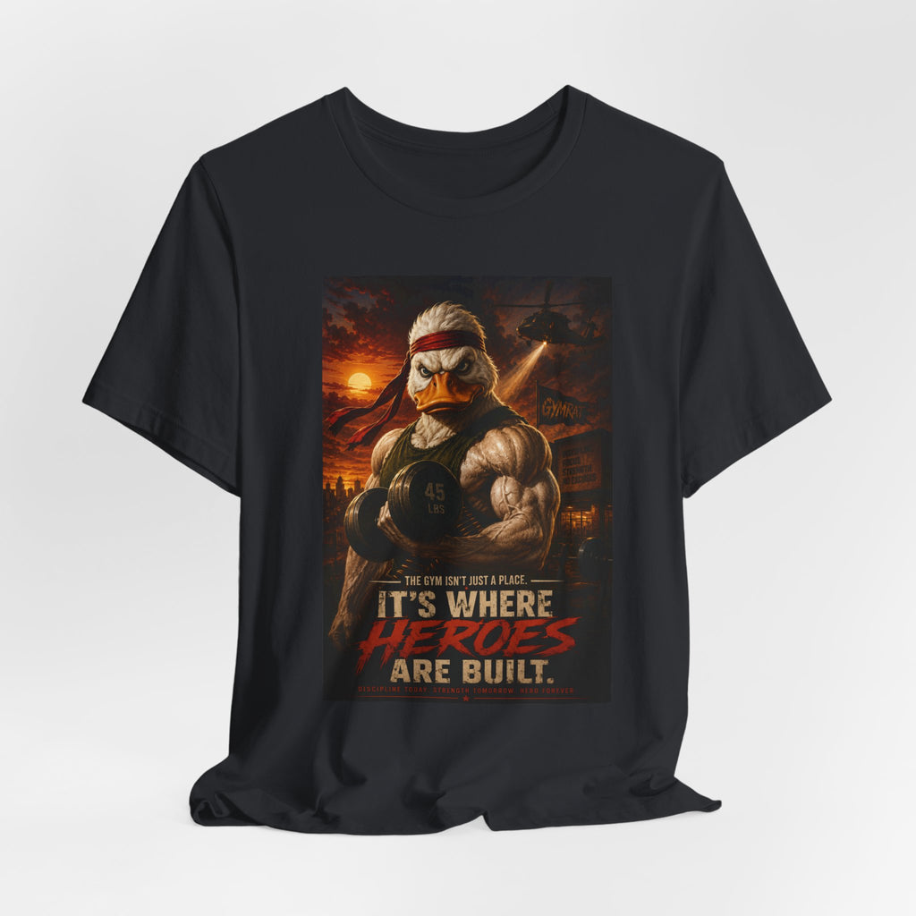 Funny Rambo Duck Gym Shirt, 80s Action Hero Fitness Tee, Muscular Duck Bodybuilding Top, Hilarious Gym Rat Gift, Pump Cover Shirt