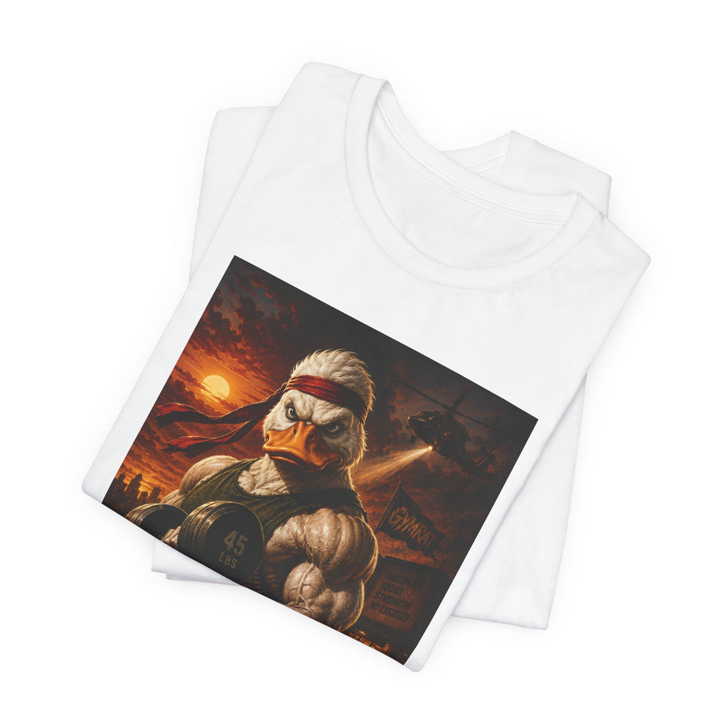 Funny Rambo Duck Gym Shirt, 80s Action Hero Fitness Tee, Muscular Duck Bodybuilding Top, Hilarious Gym Rat Gift, Pump Cover Shirt