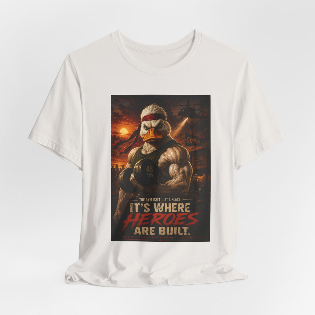 Funny Rambo Duck Gym Shirt, 80s Action Hero Fitness Tee, Muscular Duck Bodybuilding Top, Hilarious Gym Rat Gift, Pump Cover Shirt
