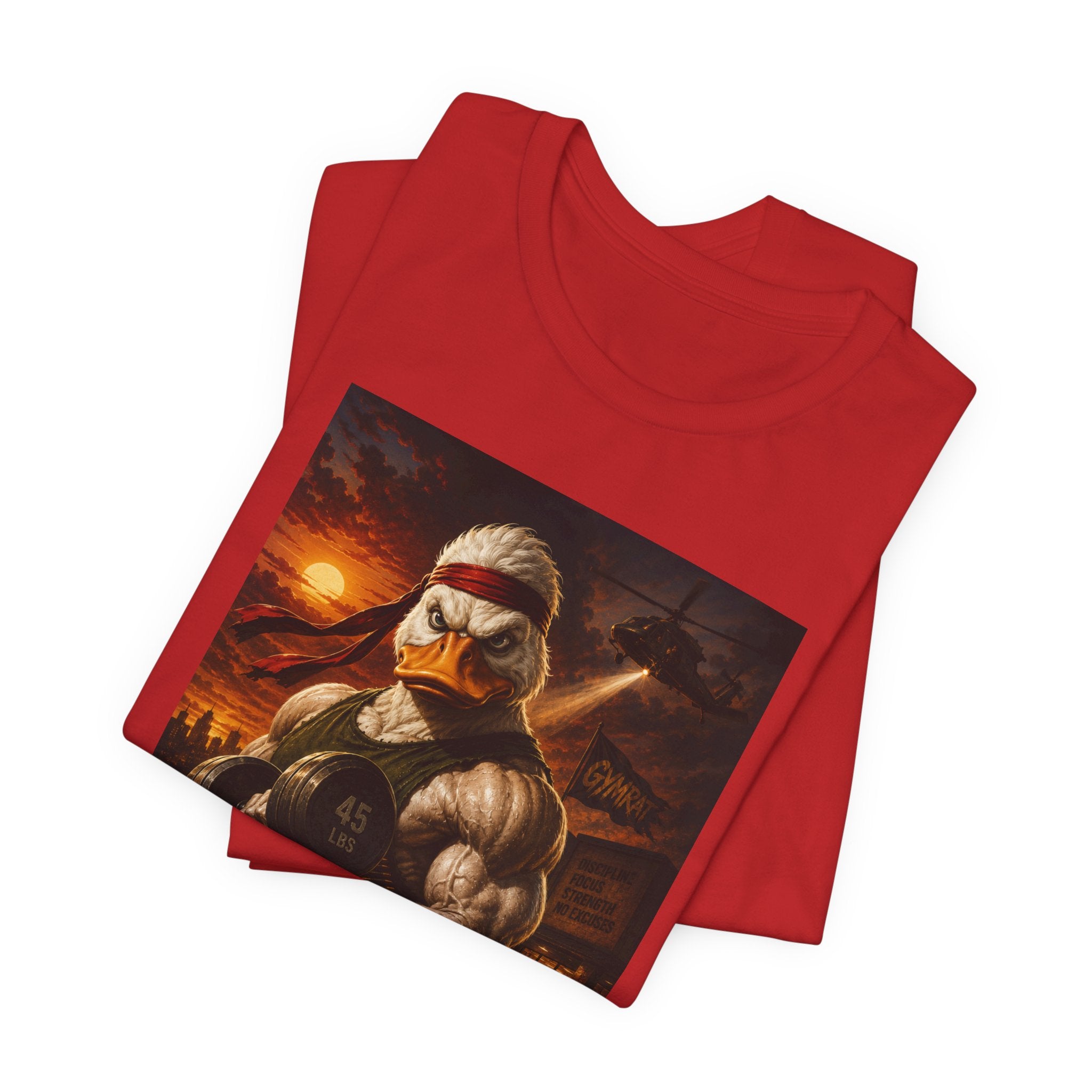 Funny Rambo Duck Gym Shirt, 80s Action Hero Fitness Tee, Muscular Duck Bodybuilding Top, Hilarious Gym Rat Gift, Pump Cover Shirt