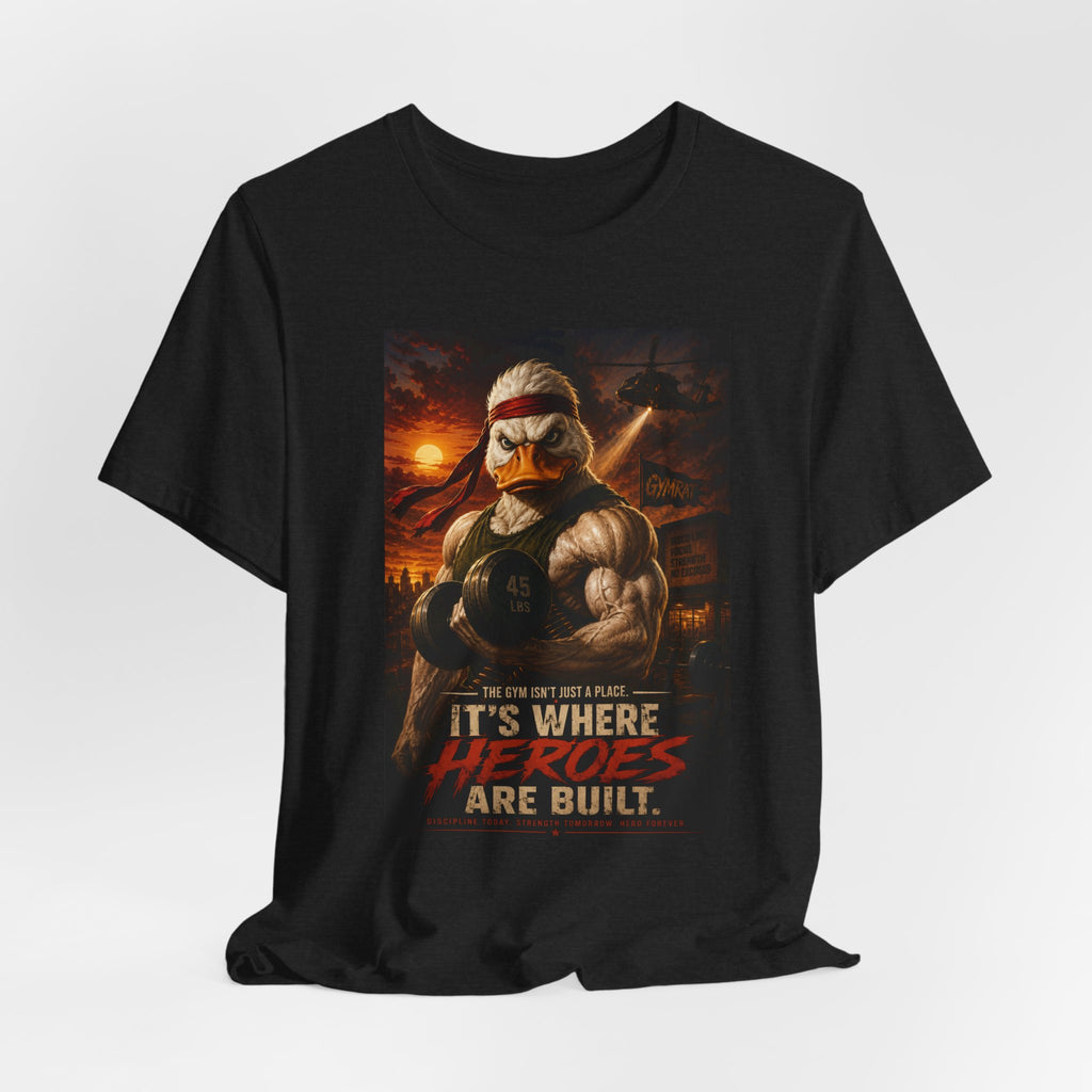 Funny Rambo Duck Gym Shirt, 80s Action Hero Fitness Tee, Muscular Duck Bodybuilding Top, Hilarious Gym Rat Gift, Pump Cover Shirt