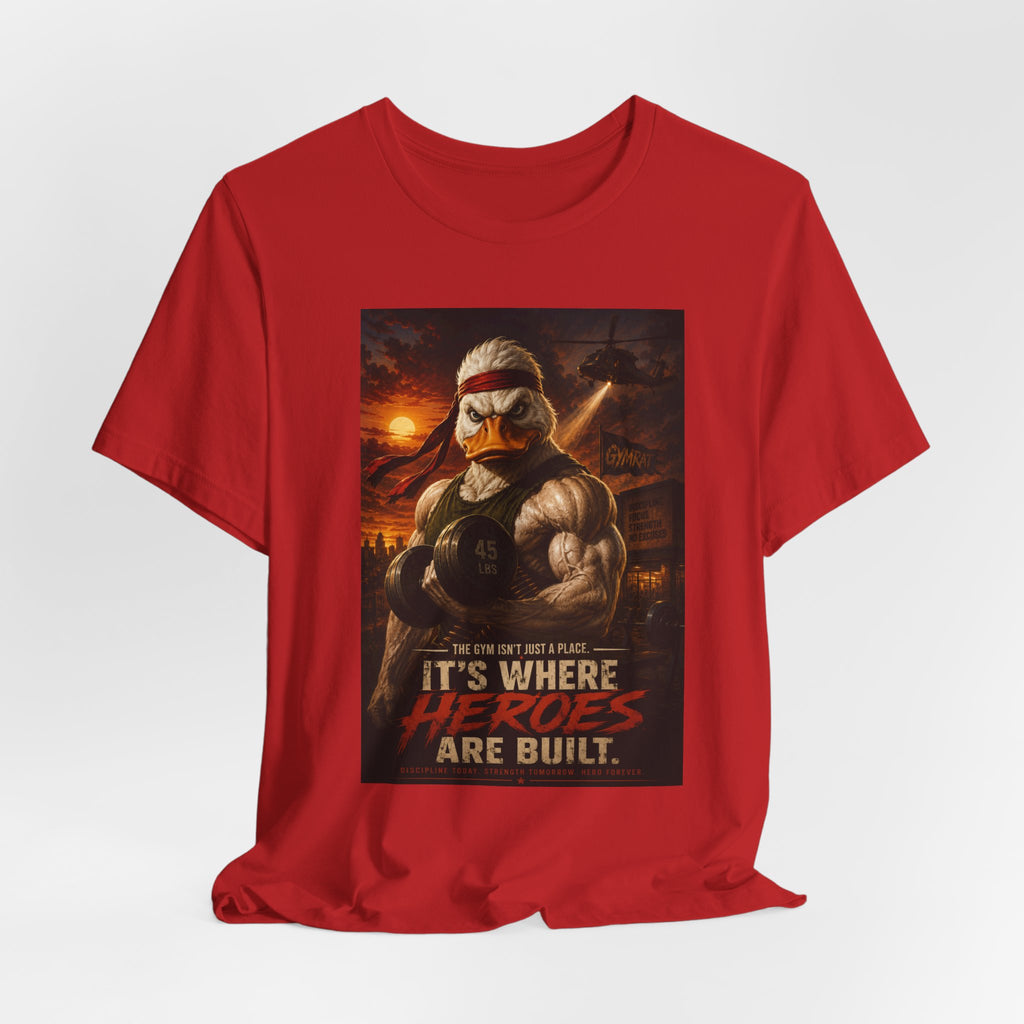 Funny Rambo Duck Gym Shirt, 80s Action Hero Fitness Tee, Muscular Duck Bodybuilding Top, Hilarious Gym Rat Gift, Pump Cover Shirt