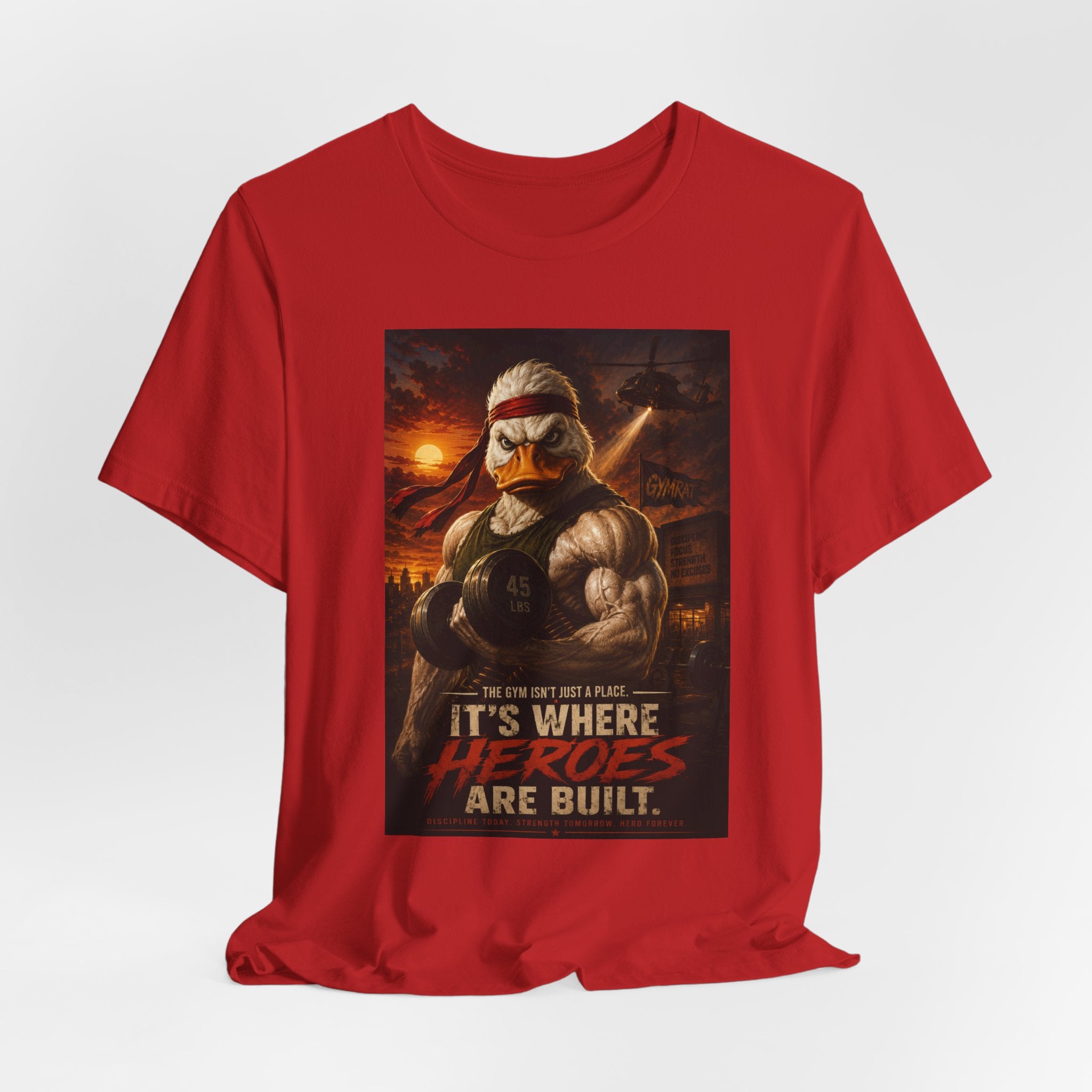 Funny Rambo Duck Gym Shirt, 80s Action Hero Fitness Tee, Muscular Duck Bodybuilding Top, Hilarious Gym Rat Gift, Pump Cover Shirt