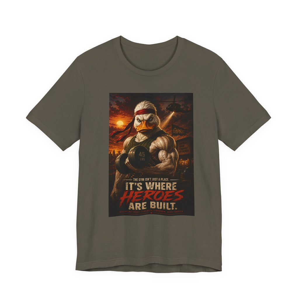 Funny Rambo Duck Gym Shirt, 80s Action Hero Fitness Tee, Muscular Duck Bodybuilding Top, Hilarious Gym Rat Gift, Pump Cover Shirt