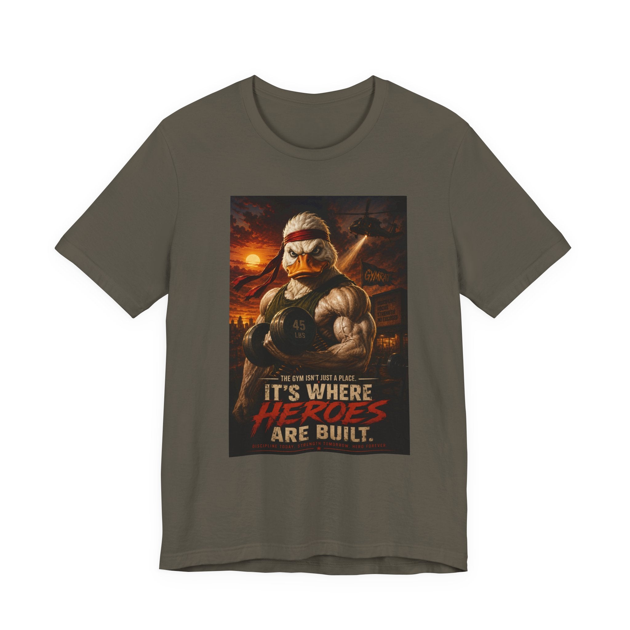 Funny Rambo Duck Gym Shirt, 80s Action Hero Fitness Tee, Muscular Duck Bodybuilding Top, Hilarious Gym Rat Gift, Pump Cover Shirt