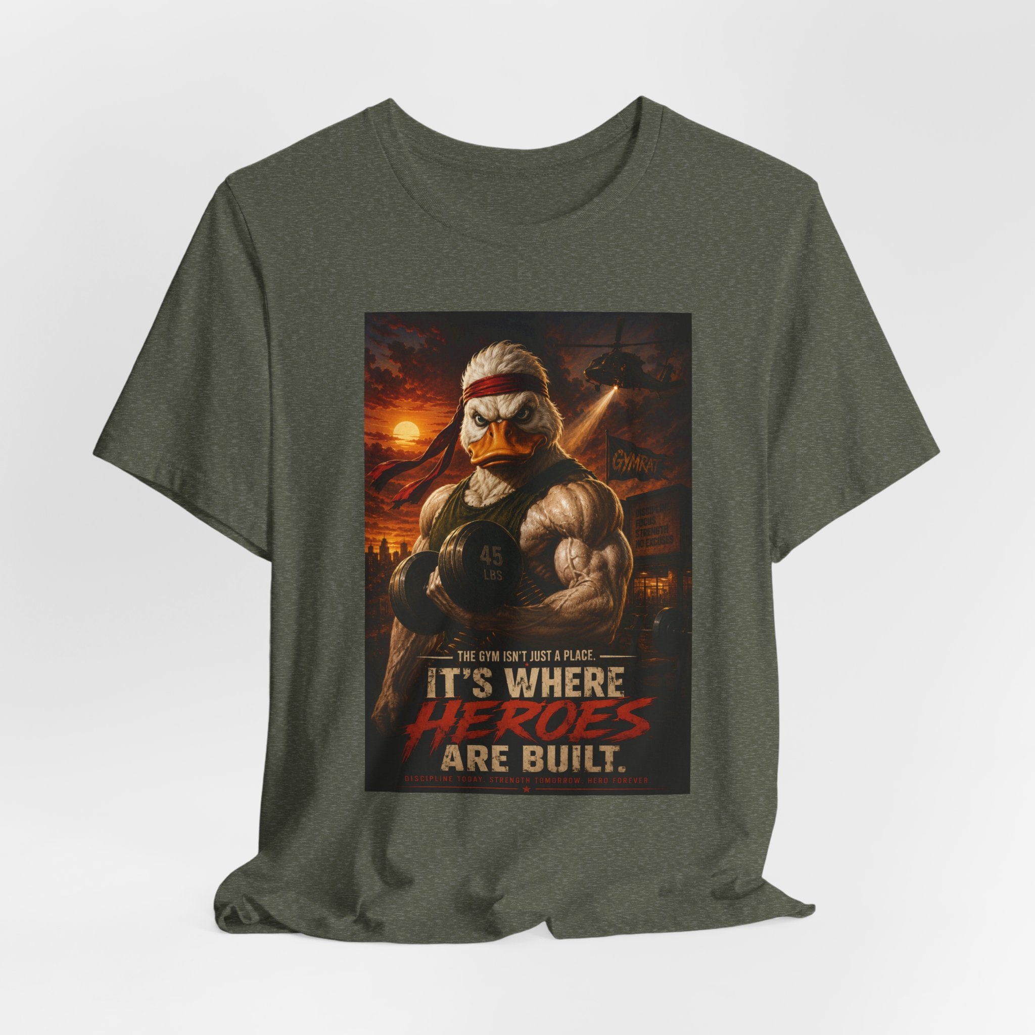 Funny Rambo Duck Gym Shirt, 80s Action Hero Fitness Tee, Muscular Duck Bodybuilding Top, Hilarious Gym Rat Gift, Pump Cover Shirt