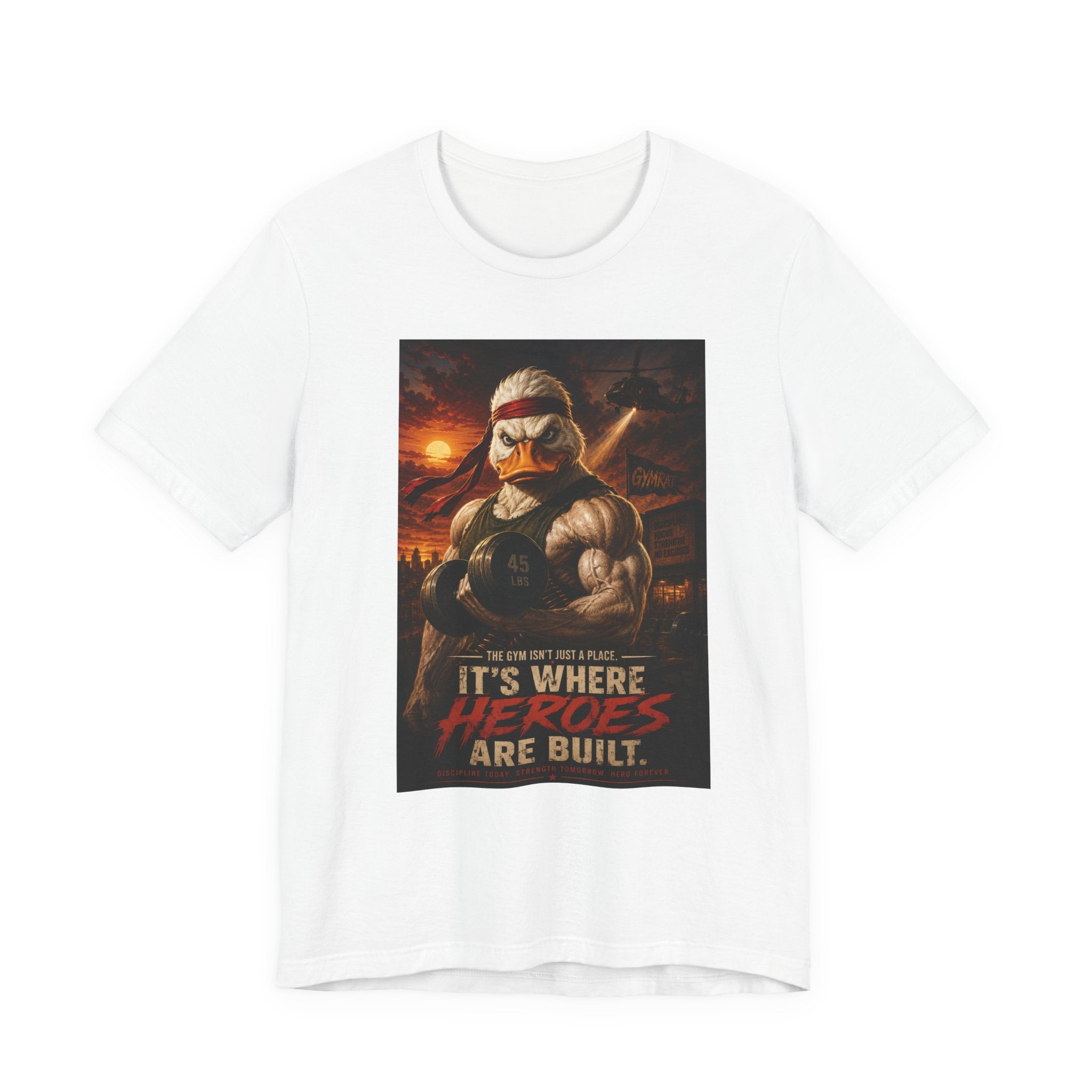 Funny Rambo Duck Gym Shirt, 80s Action Hero Fitness Tee, Muscular Duck Bodybuilding Top, Hilarious Gym Rat Gift, Pump Cover Shirt
