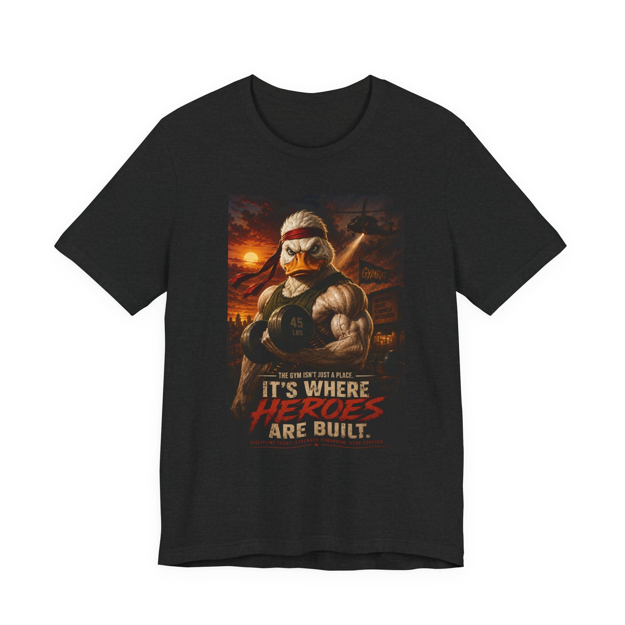 Funny Rambo Duck Gym Shirt, 80s Action Hero Fitness Tee, Muscular Duck Bodybuilding Top, Hilarious Gym Rat Gift, Pump Cover Shirt