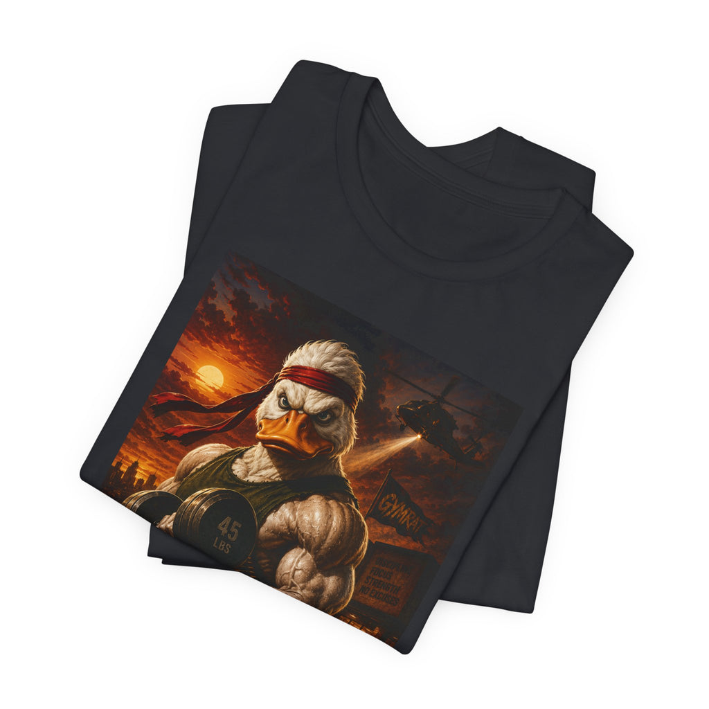 Funny Rambo Duck Gym Shirt, 80s Action Hero Fitness Tee, Muscular Duck Bodybuilding Top, Hilarious Gym Rat Gift, Pump Cover Shirt