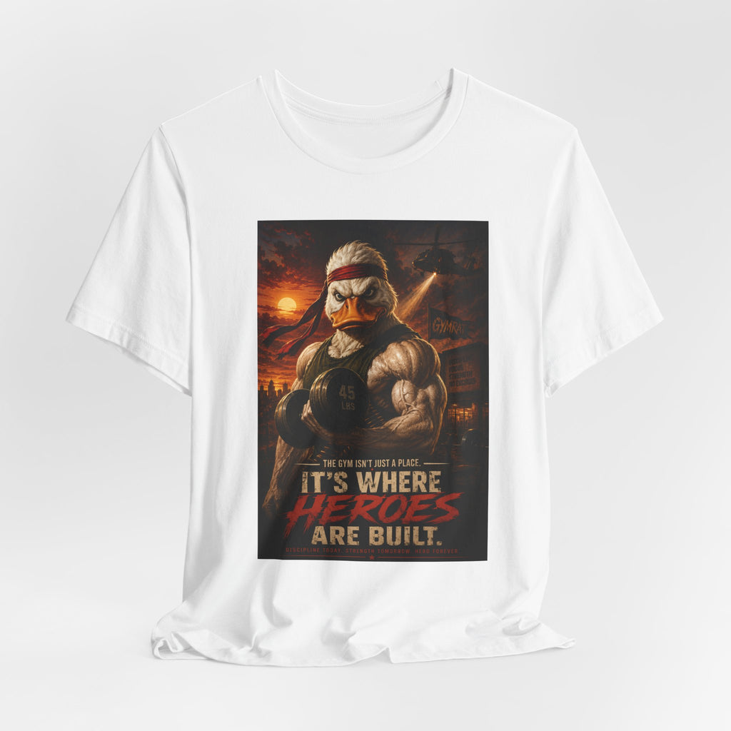 Funny Rambo Duck Gym Shirt, 80s Action Hero Fitness Tee, Muscular Duck Bodybuilding Top, Hilarious Gym Rat Gift, Pump Cover Shirt