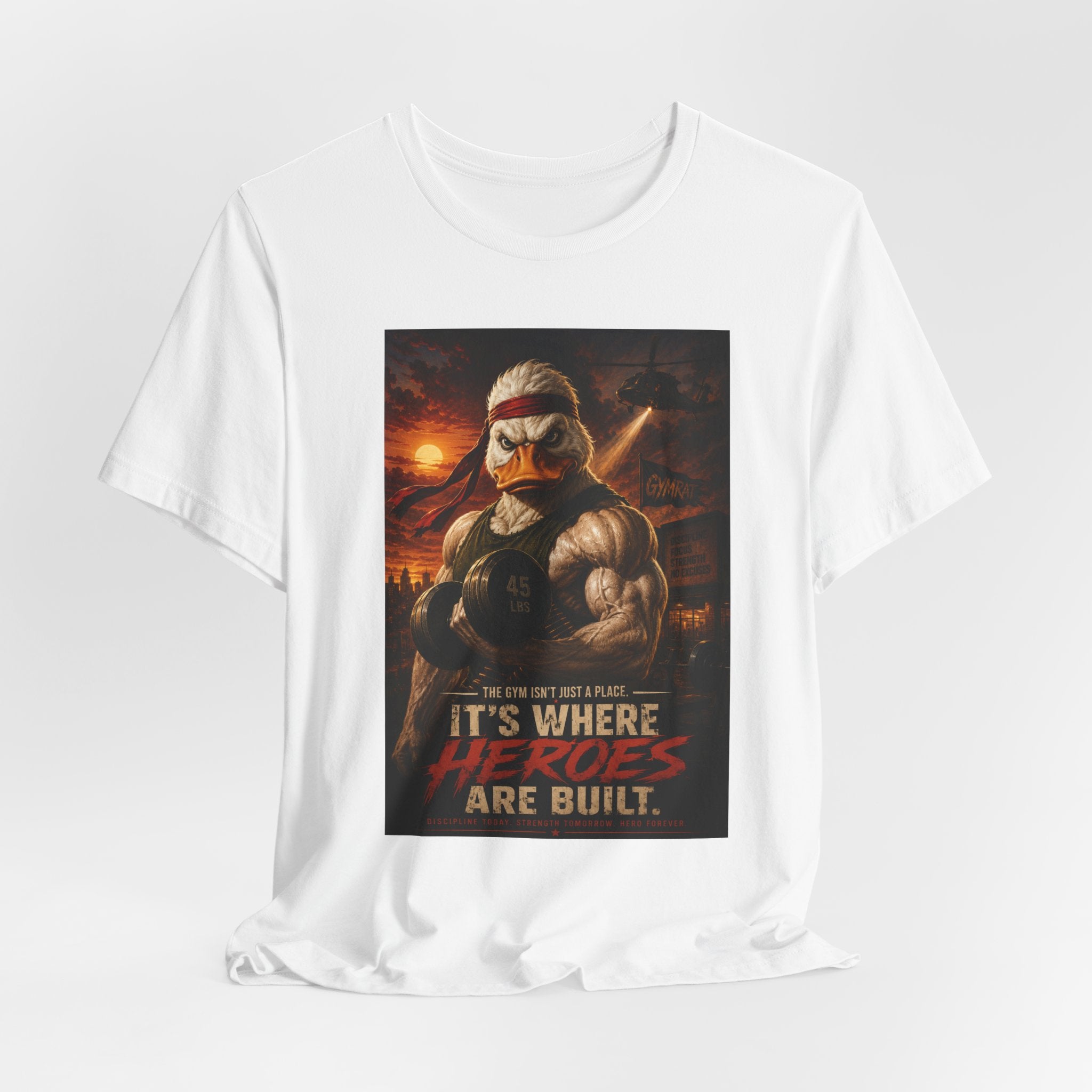 Funny Rambo Duck Gym Shirt, 80s Action Hero Fitness Tee, Muscular Duck Bodybuilding Top, Hilarious Gym Rat Gift, Pump Cover Shirt