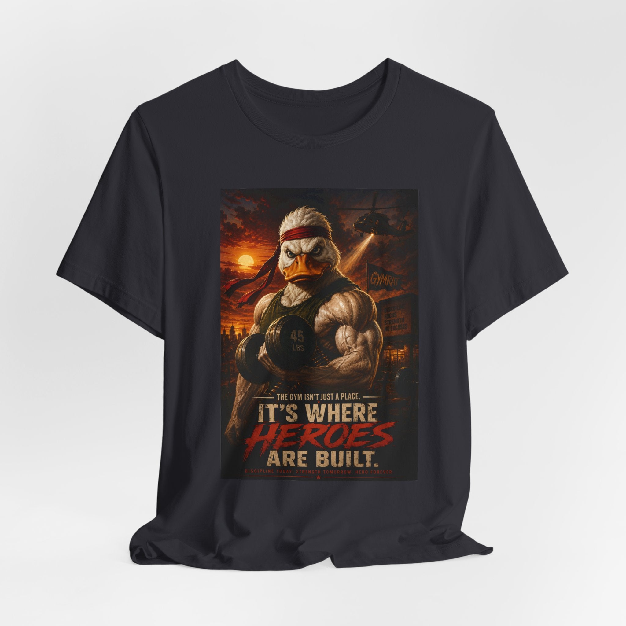 Funny Rambo Duck Gym Shirt, 80s Action Hero Fitness Tee, Muscular Duck Bodybuilding Top, Hilarious Gym Rat Gift, Pump Cover Shirt