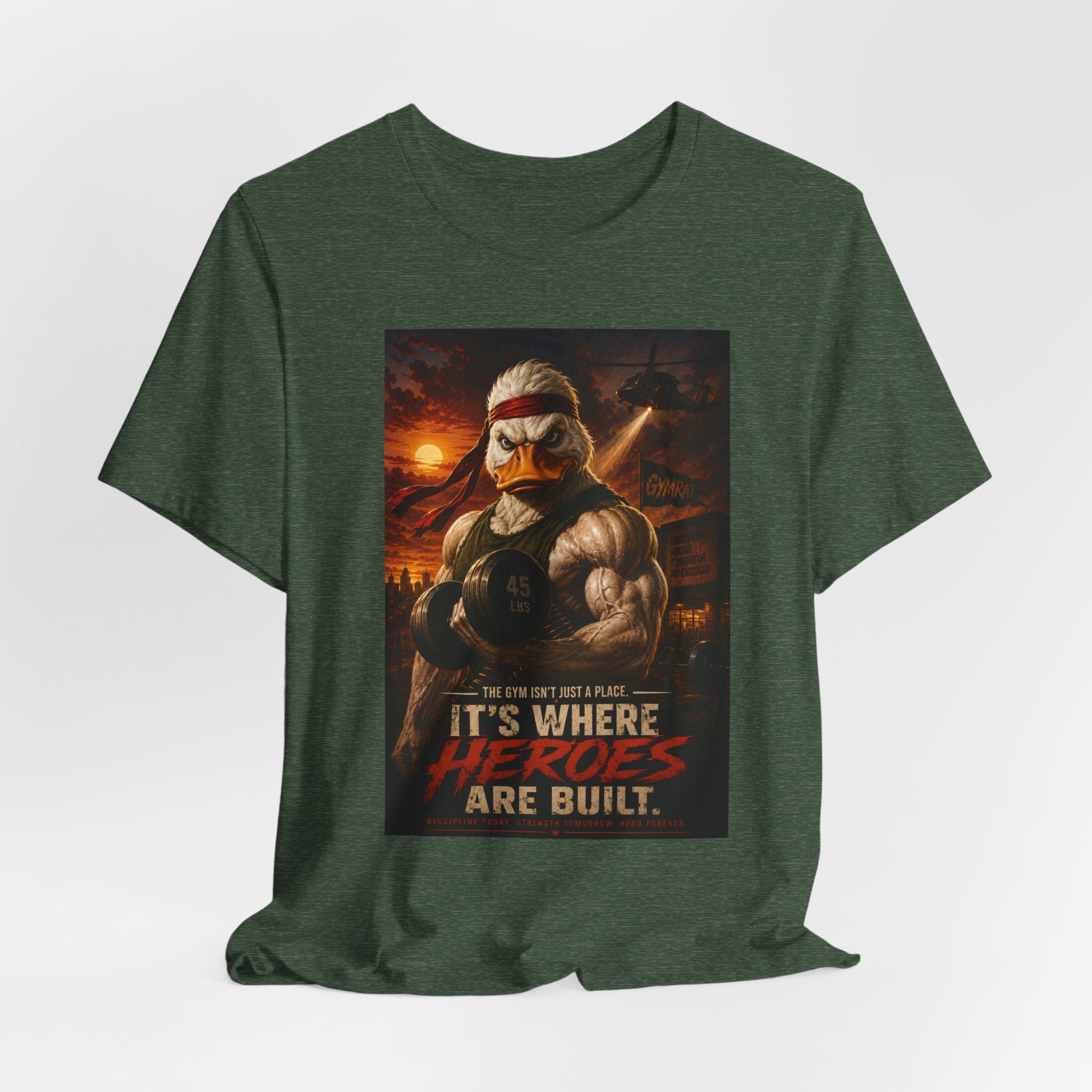 Funny Rambo Duck Gym Shirt, 80s Action Hero Fitness Tee, Muscular Duck Bodybuilding Top, Hilarious Gym Rat Gift, Pump Cover Shirt