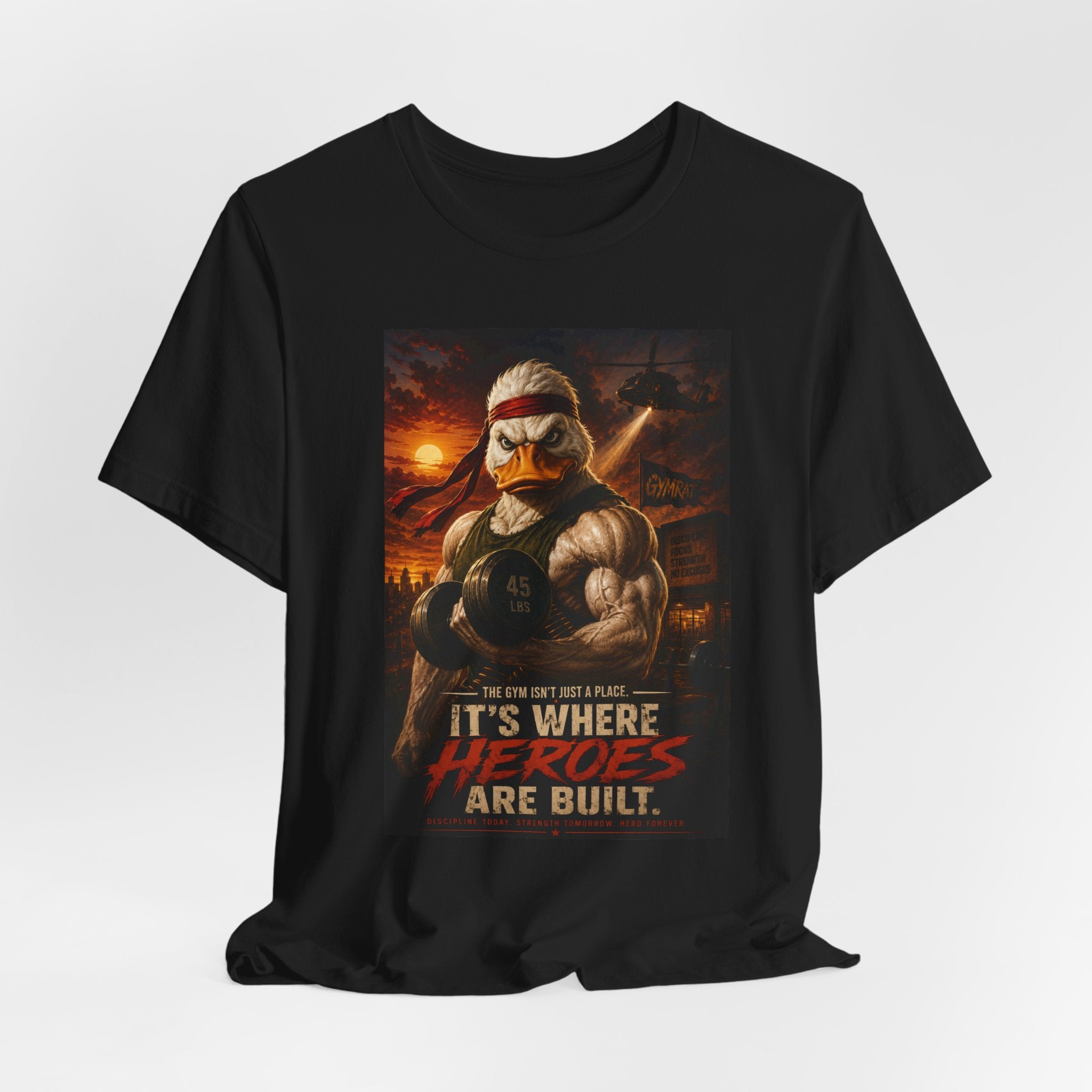 Funny Rambo Duck Gym Shirt, 80s Action Hero Fitness Tee, Muscular Duck Bodybuilding Top, Hilarious Gym Rat Gift, Pump Cover Shirt