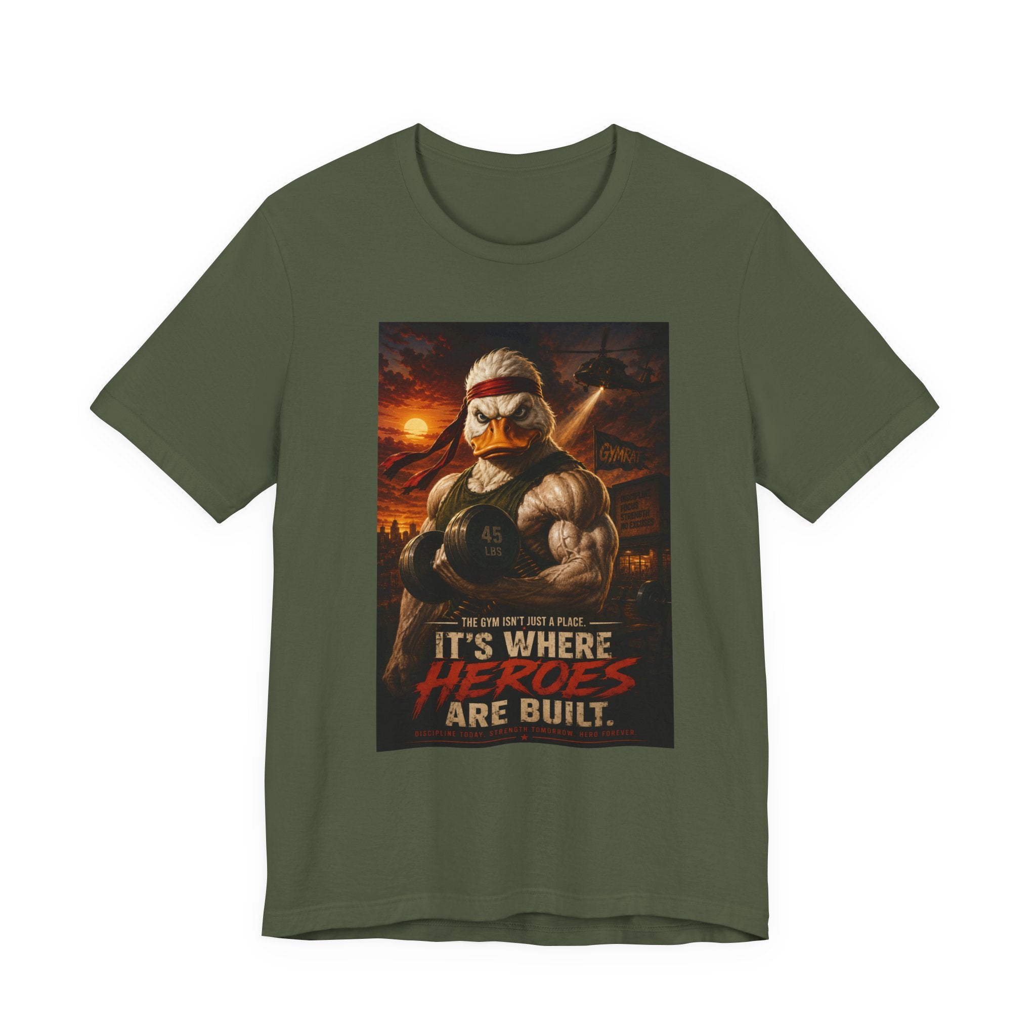 Funny Rambo Duck Gym Shirt, 80s Action Hero Fitness Tee, Muscular Duck Bodybuilding Top, Hilarious Gym Rat Gift, Pump Cover Shirt