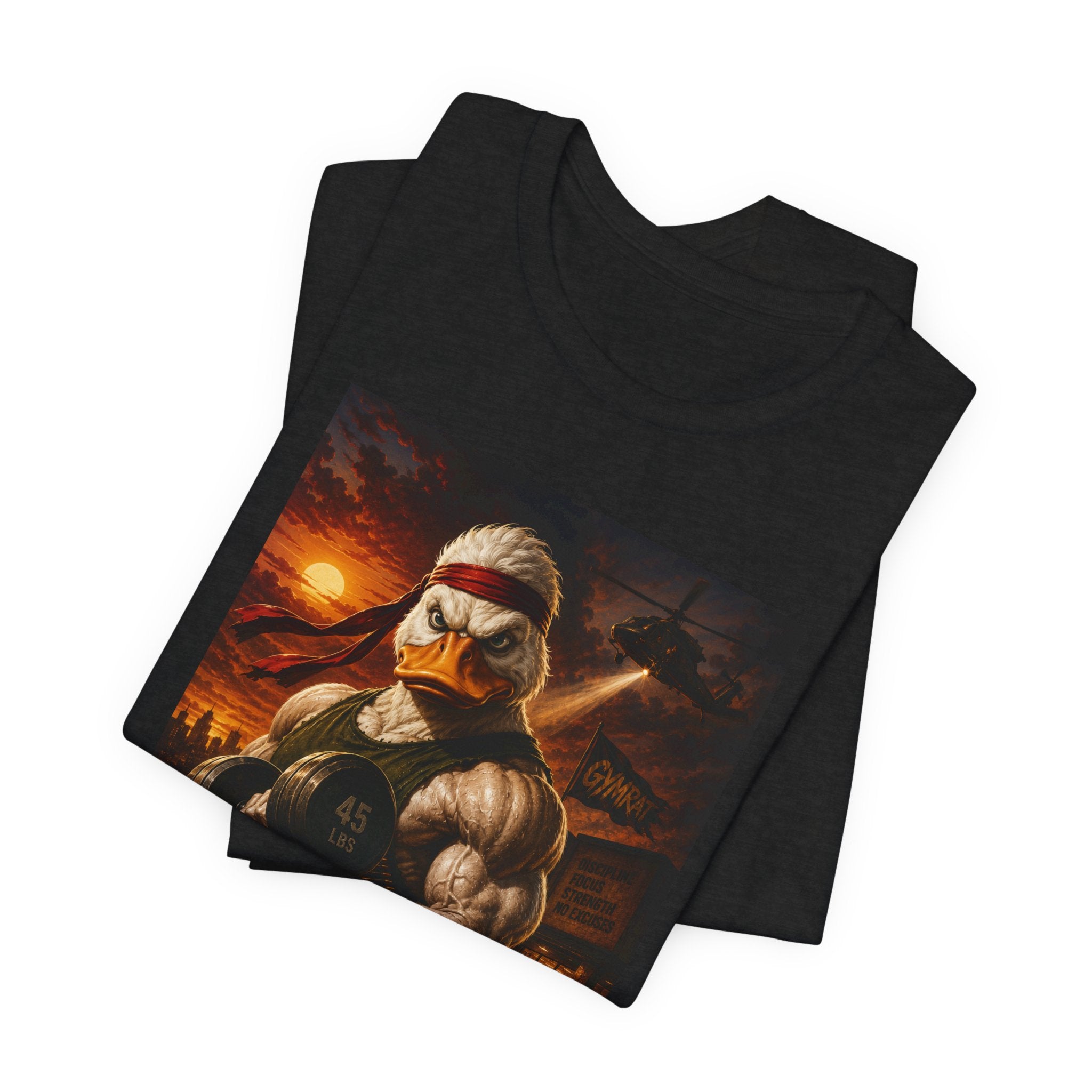 Funny Rambo Duck Gym Shirt, 80s Action Hero Fitness Tee, Muscular Duck Bodybuilding Top, Hilarious Gym Rat Gift, Pump Cover Shirt