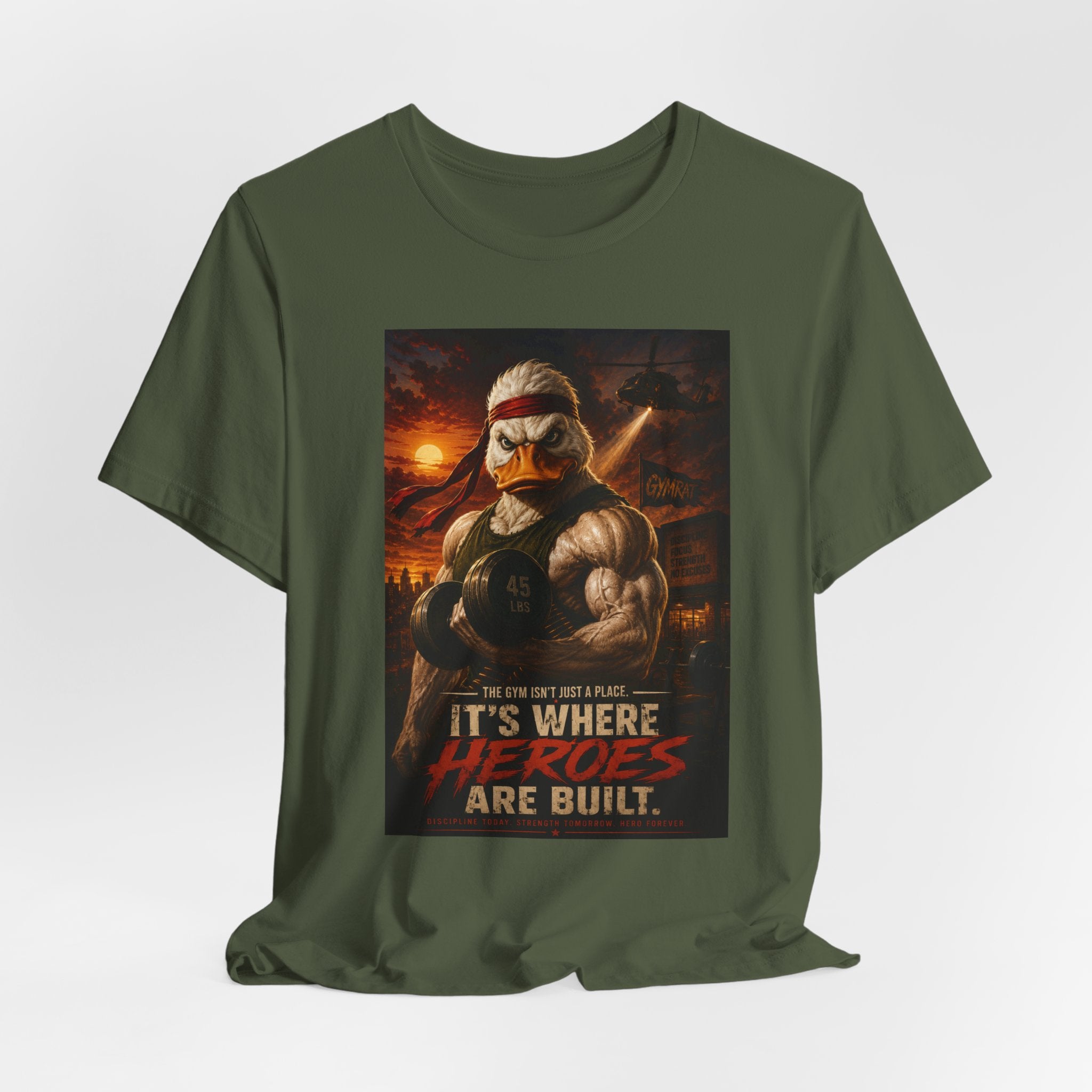Funny Rambo Duck Gym Shirt, 80s Action Hero Fitness Tee, Muscular Duck Bodybuilding Top, Hilarious Gym Rat Gift, Pump Cover Shirt